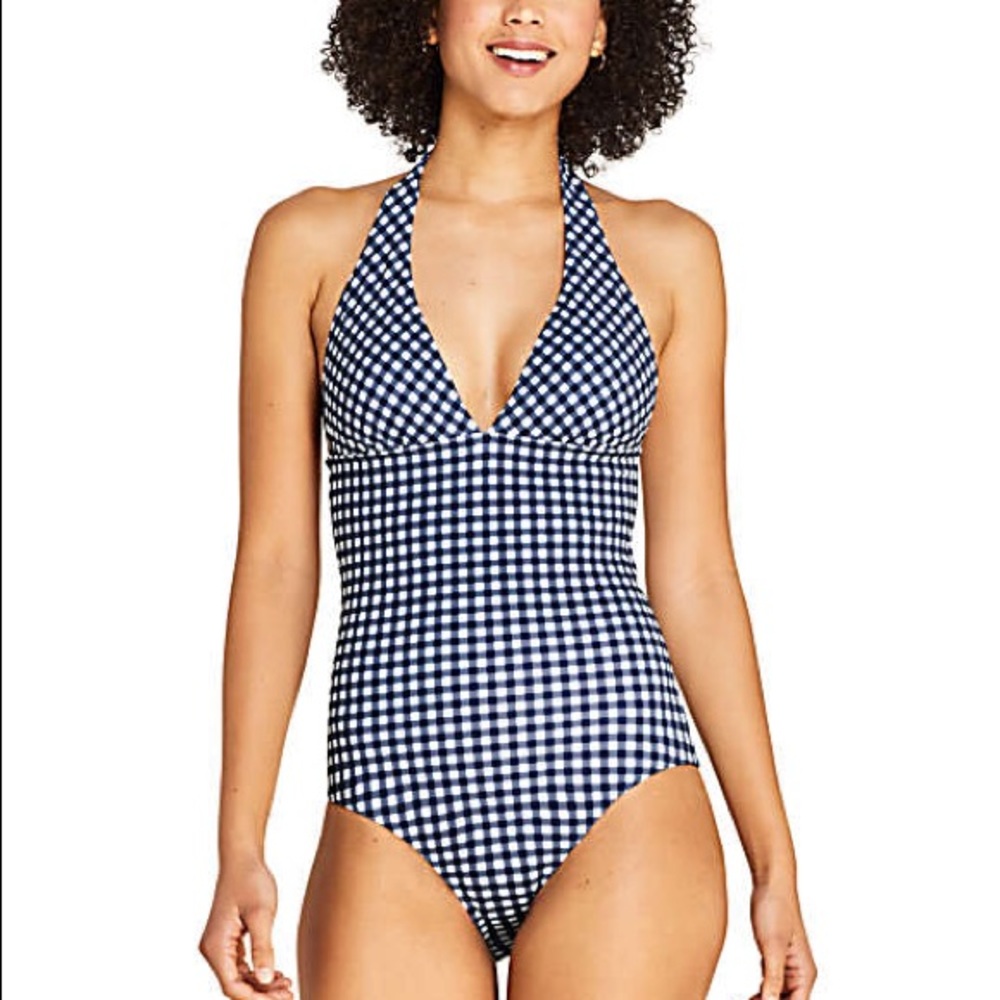 Draper James for Lands’ End Navy Gingham Halter One Piece
